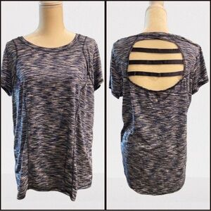 Xersion Womens Activewear Short Sleeve Space Dye Top with Cut Out Back Detail